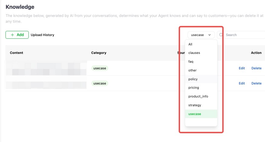 Dealism Knowledge category filter with FAQ, policy, pricing, product information, strategy, and use case categories