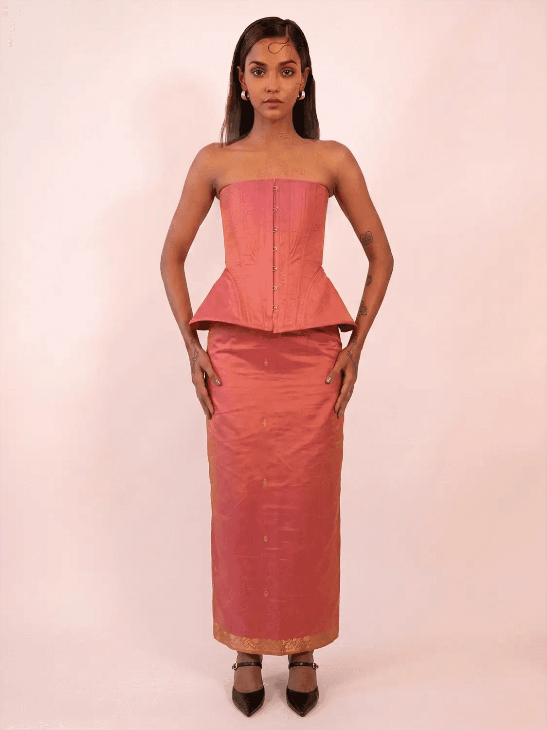 KAMAL bell corset and skirt handcrafted from vintage silk saree with front closure and lace-up back.
