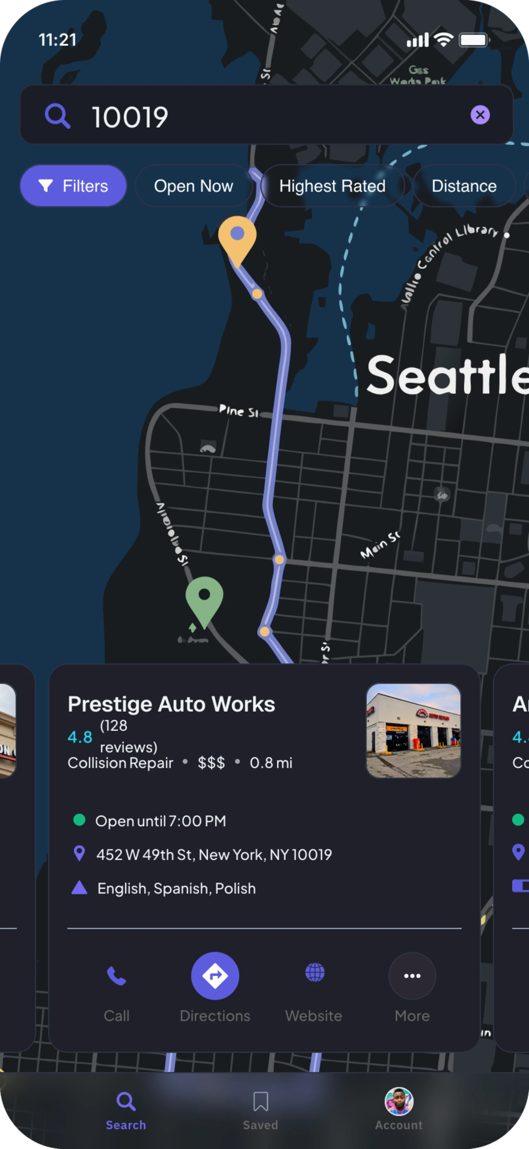 Mobile map showing an repair shop location and route in Seattle, with search filters and a listing preview.