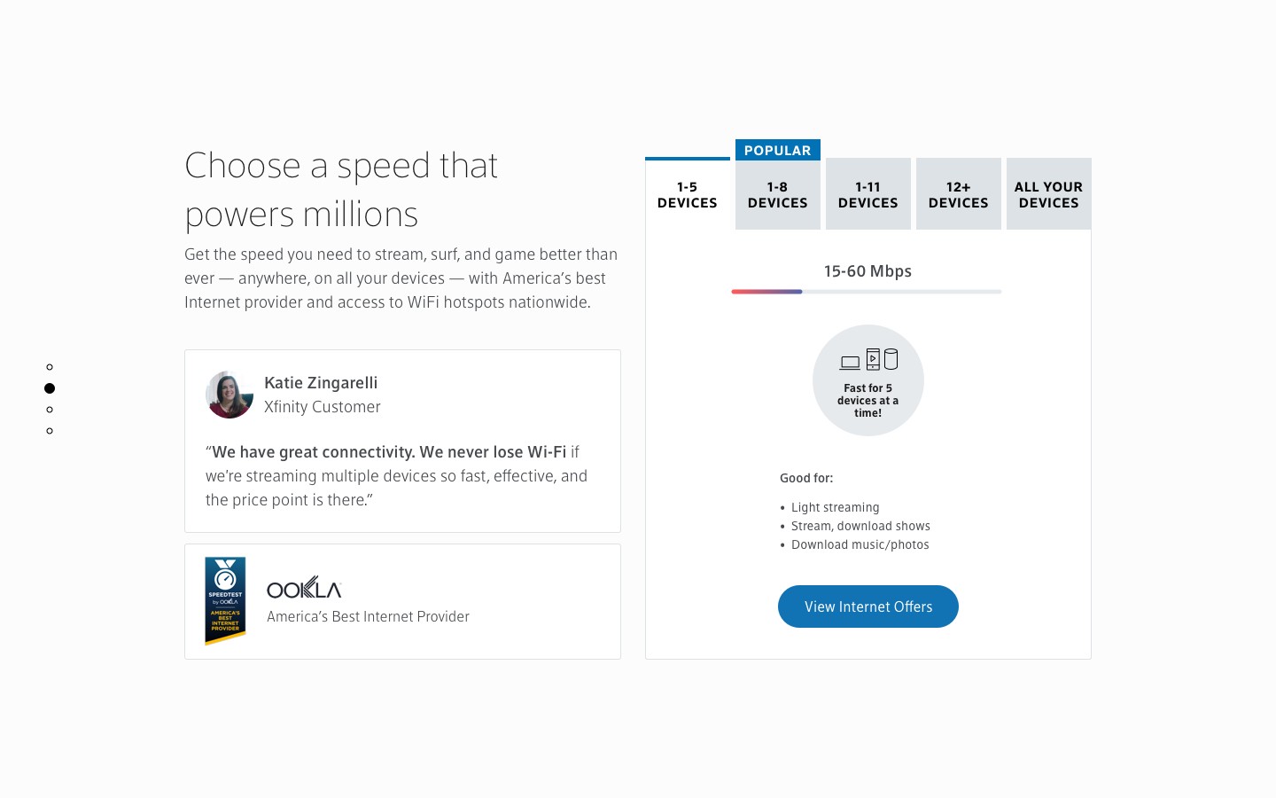 Internet learn content, which includes customer testimonials, awards, and an interactive module for learning what different speeds mean.