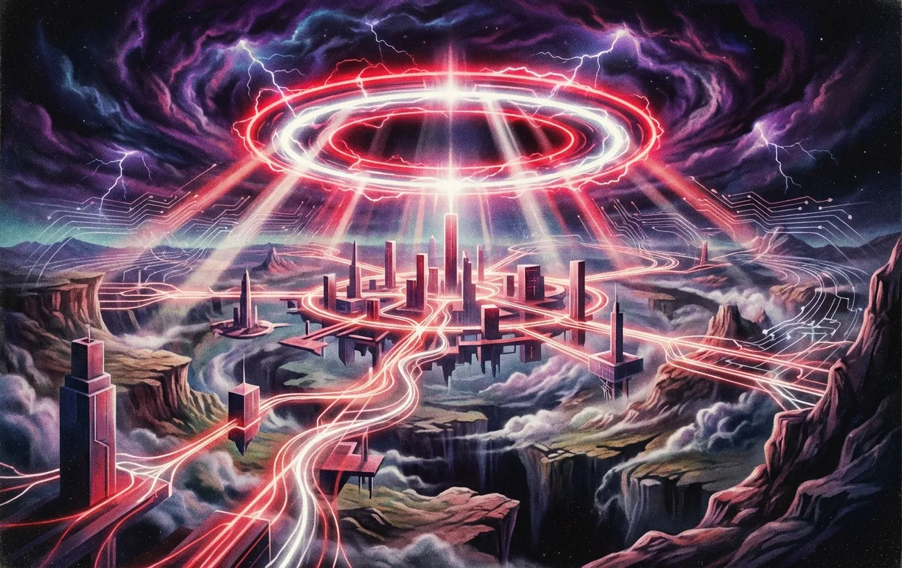 Futuristic cityscape with red neon lights, symbolizing RockN' Socials Digital Marketing Agency.