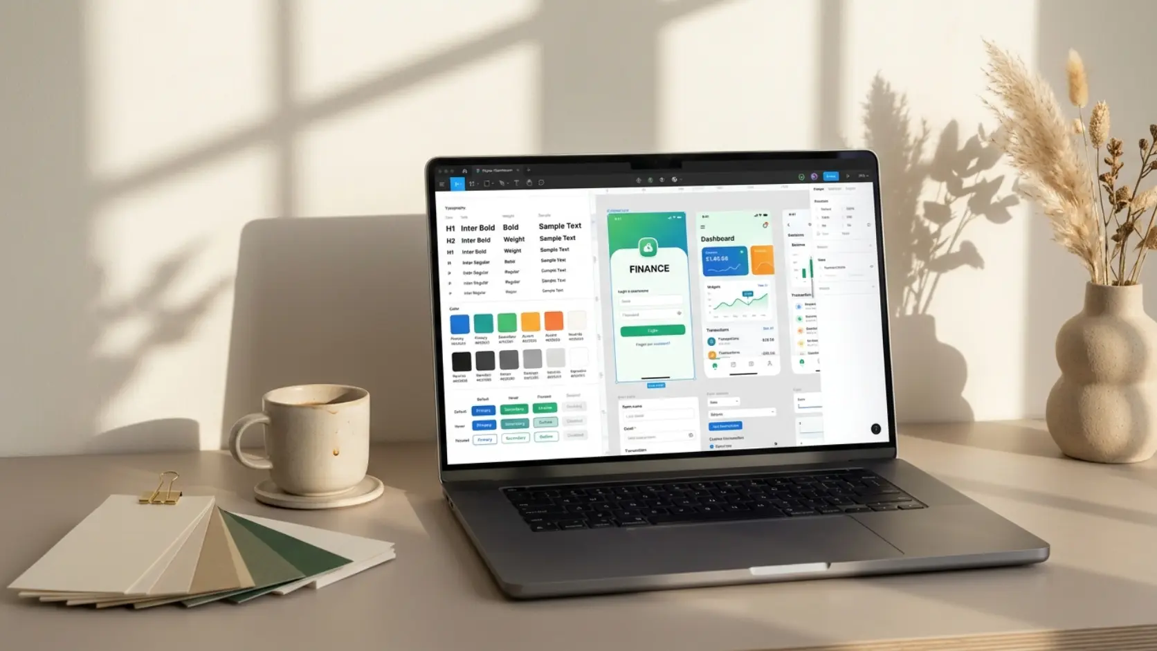 Three digital screens displaying custom website design, mobile application layouts, and SaaS software dashboards.
