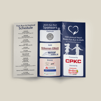 Tri-fold brochure cover for the 16th Annual Heart Beats Fun Run & Walk, featuring event sponsors, festival schedule, and partner organizations including CPKC and Rogers Birdies for Kids.