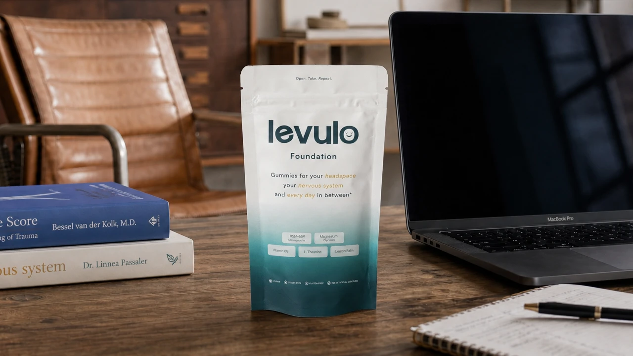 Levulo Foundation on desk with NErvous System Self help books