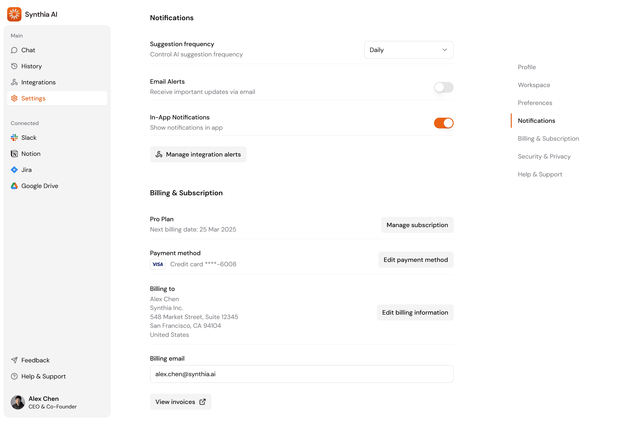 Settings view with notification toggles and billing details