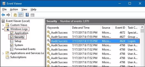 Windows Event Viewer login record
