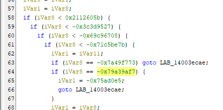 Ein Ausschnitt aus einem Computercode, der in einem Texteditor angezeigt wird und bedingte Anweisungen und Variablenzuweisungen in einer Programmiersprache, wahrscheinlich C oder C++, zeigt. Der Code enthält hexadezimale Werte und Beschriftungen für den Kontrollfluss.