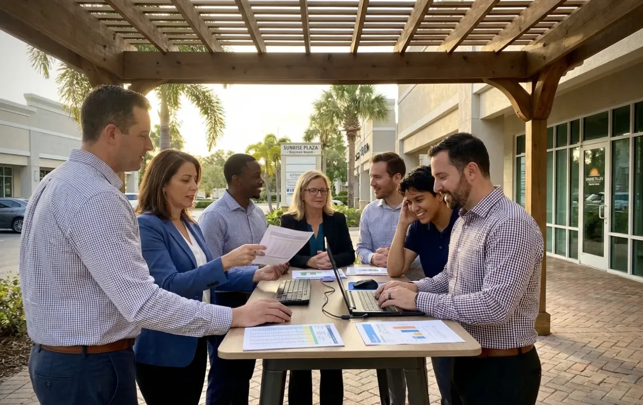 Group discussing at an outdoor table; RockN' Socials Digital Marketing Agency.