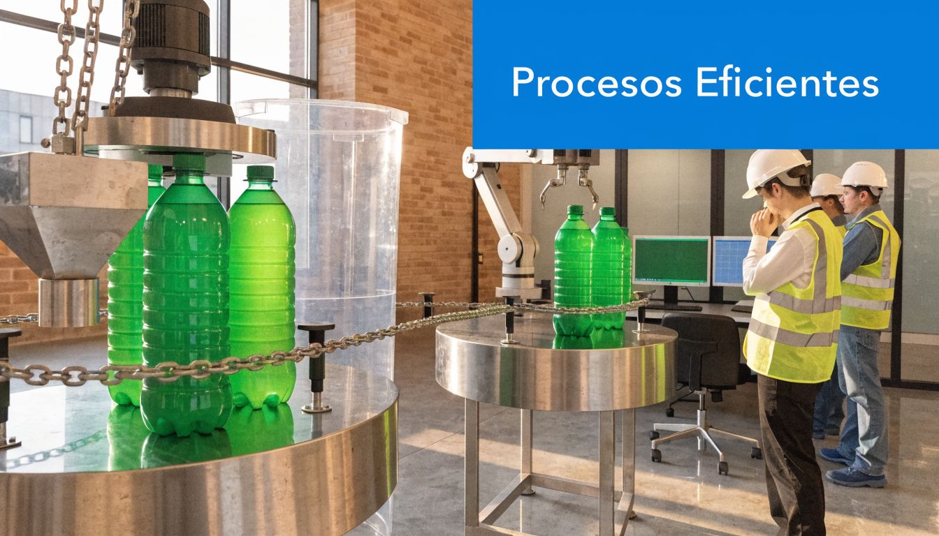 Ingenieros con cascos supervisando una línea de producción automatizada de botellas de plástico verdes en una fábrica.