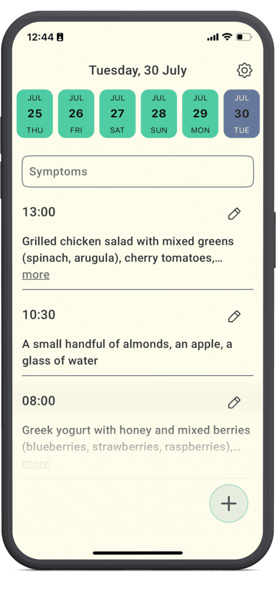 Screenshot of the main screen in the Sito app. A calendar strip, symptom entry field and meal entries are visible