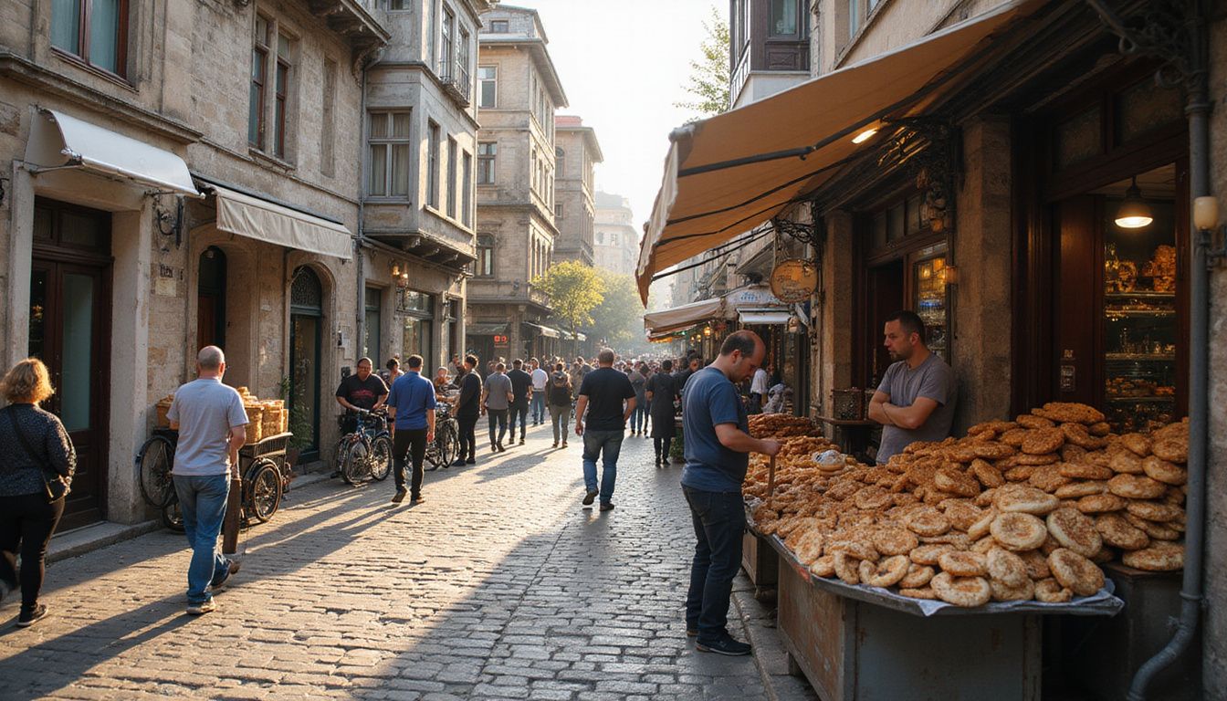A lively street in Karaköy features vendors and contrasting architecture.