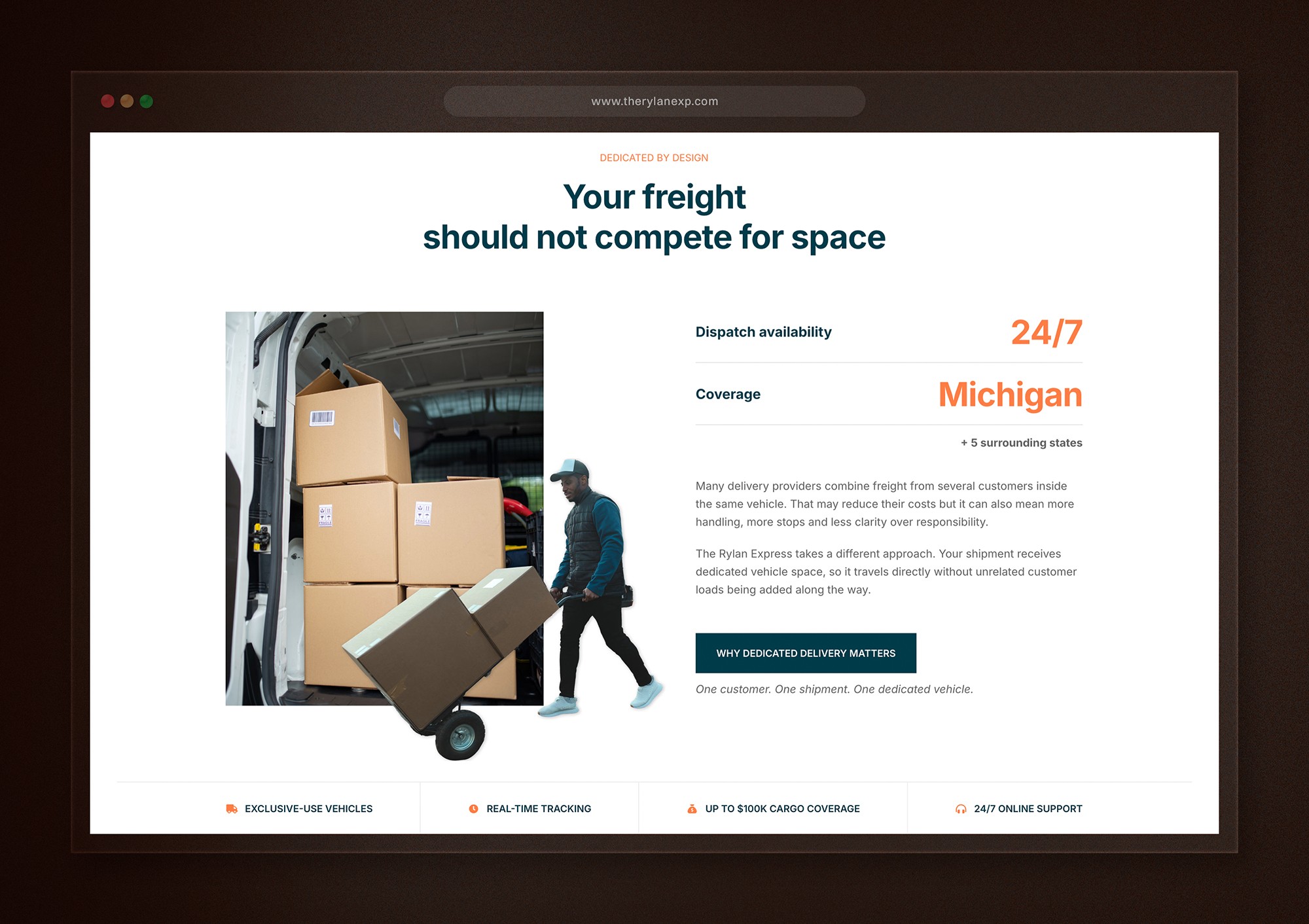 The Rylan Express website section explaining dedicated delivery with 24/7 availability and Michigan coverage