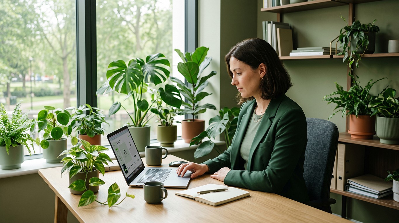 Recruiter working on a laptop at a plant-filled desk with natural light