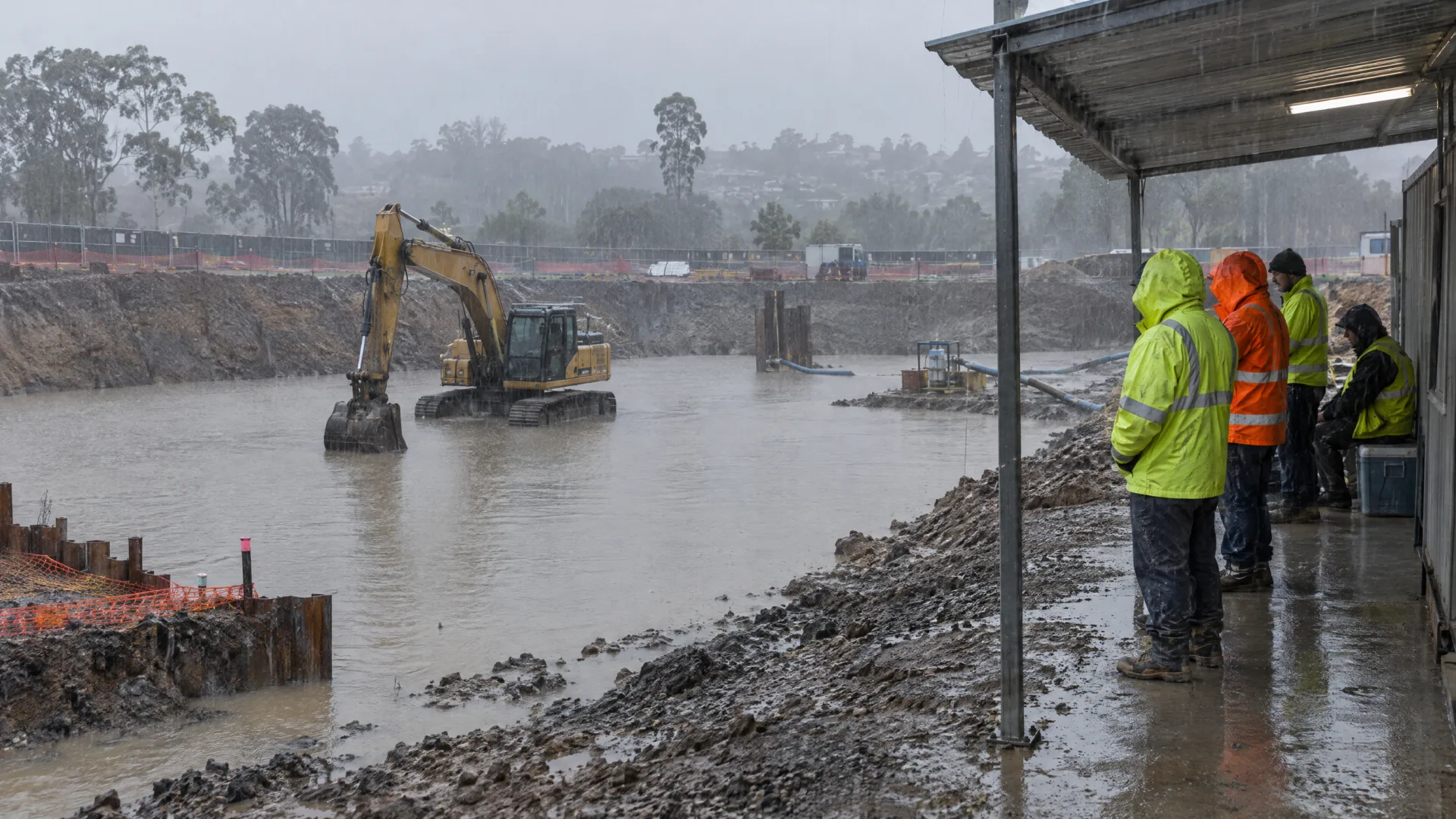 Workers sheltering beside a flooded excavation during heavy rain, a wet weather delay that may support an EOT