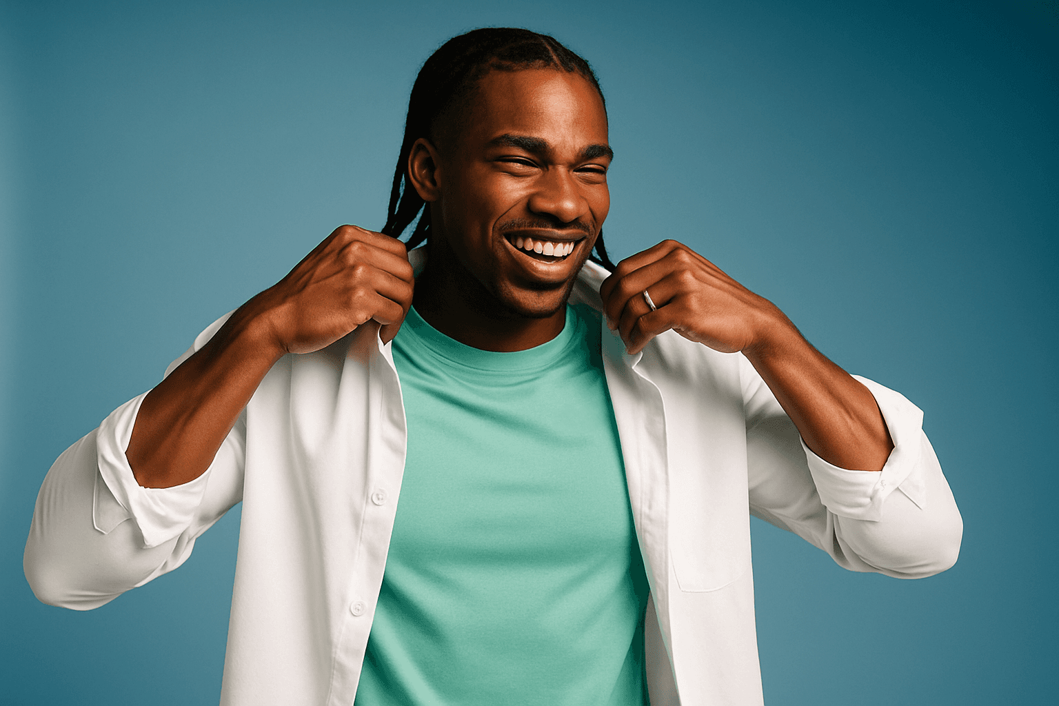 Smiling man wearing a turquoise t-shirt and white overshirt, confidently adjusting his collar against a teal-blue studio backdrop.