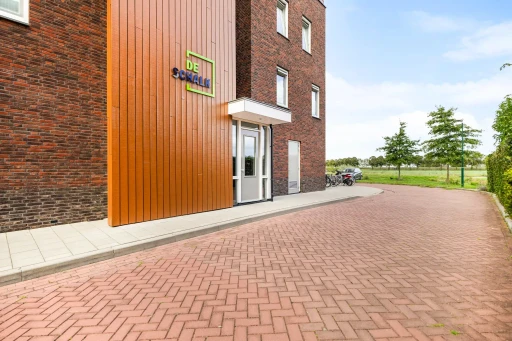 De gezamenlijke entree met houten gevelbekleding en een breed bestraat pad.