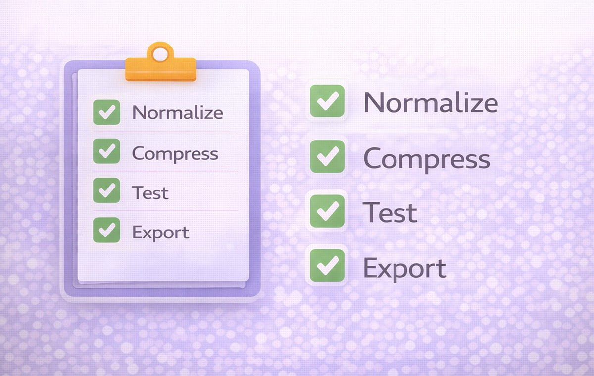 Simple checklist graphic showing Normalize to Compress to Test to Export