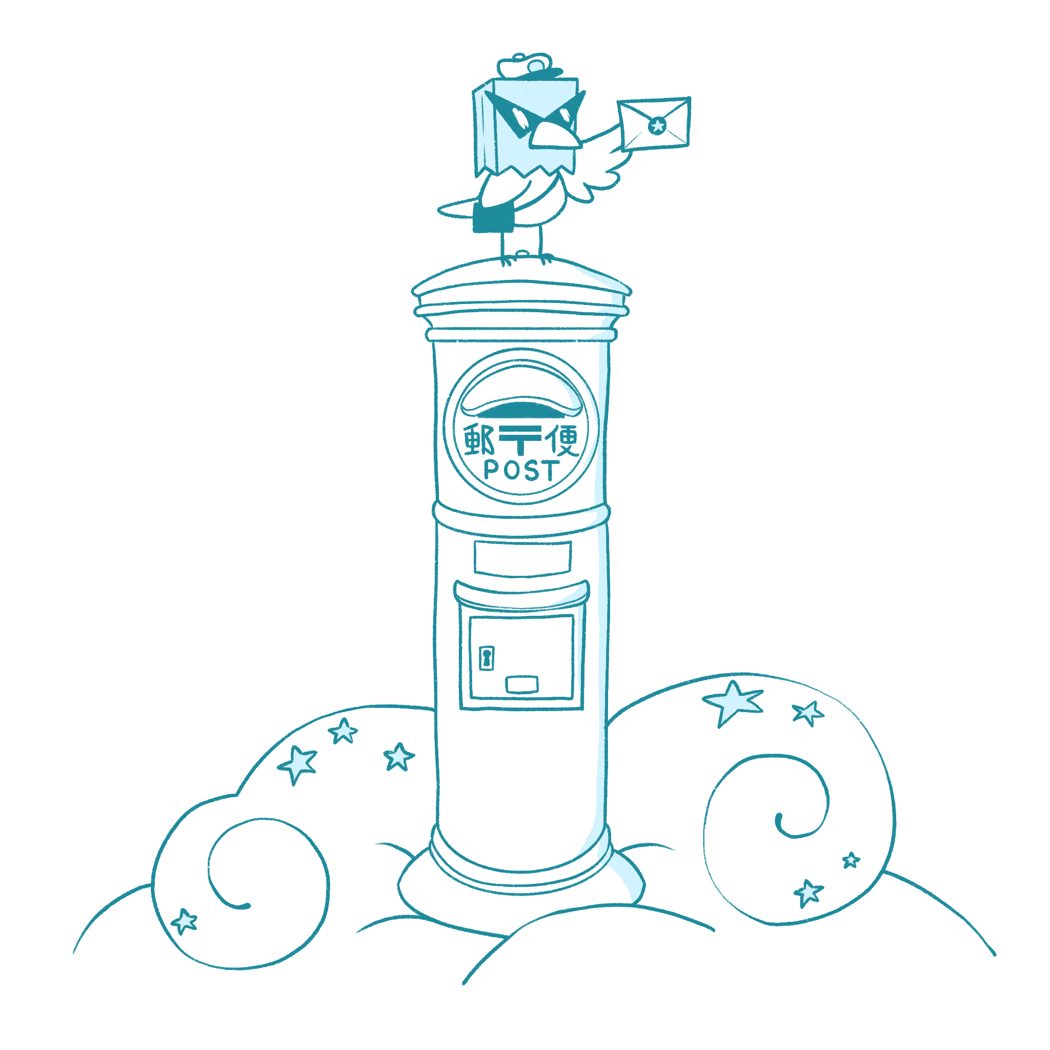 Illustration of the mascot on top of a mailbox