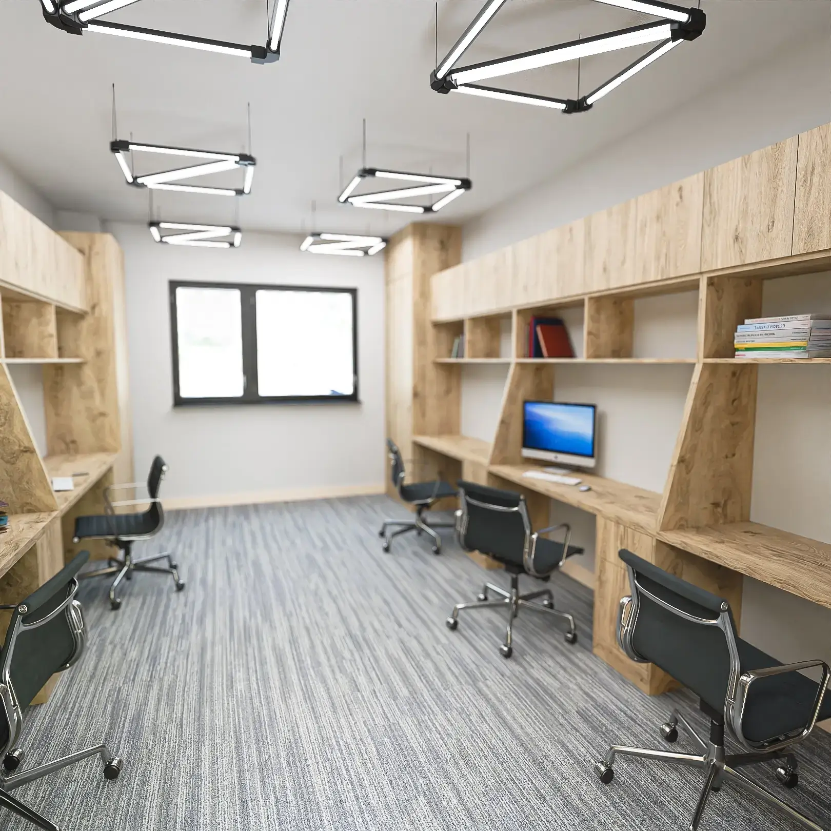 Aranżacja biura typu open space z długimi blatami roboczymi i regałami ściennymi na wymiar.