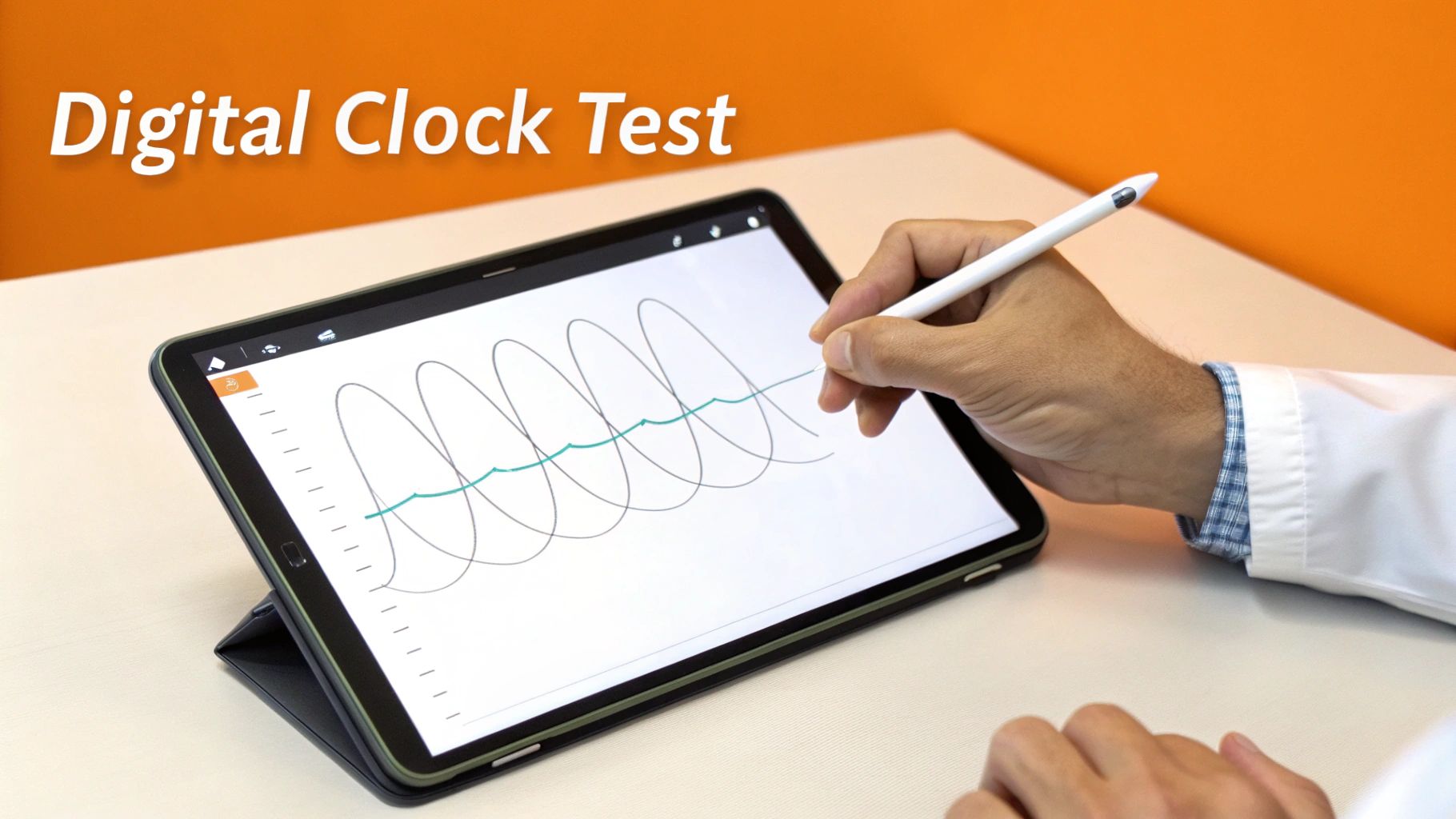 A healthcare professional using a tablet to administer a digital cognitive test to a senior patient.