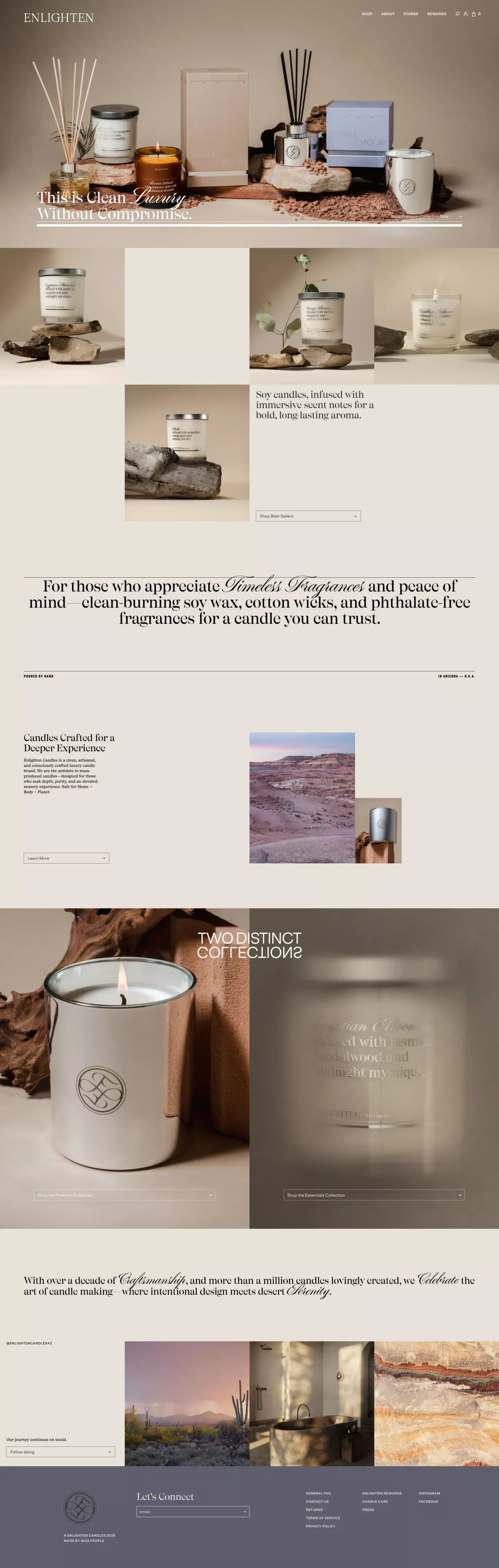 Enlighten Candles - Desert Inspired Sere ecommerce page screenshot showcasing Ecommerce and Furniture & Interiors design