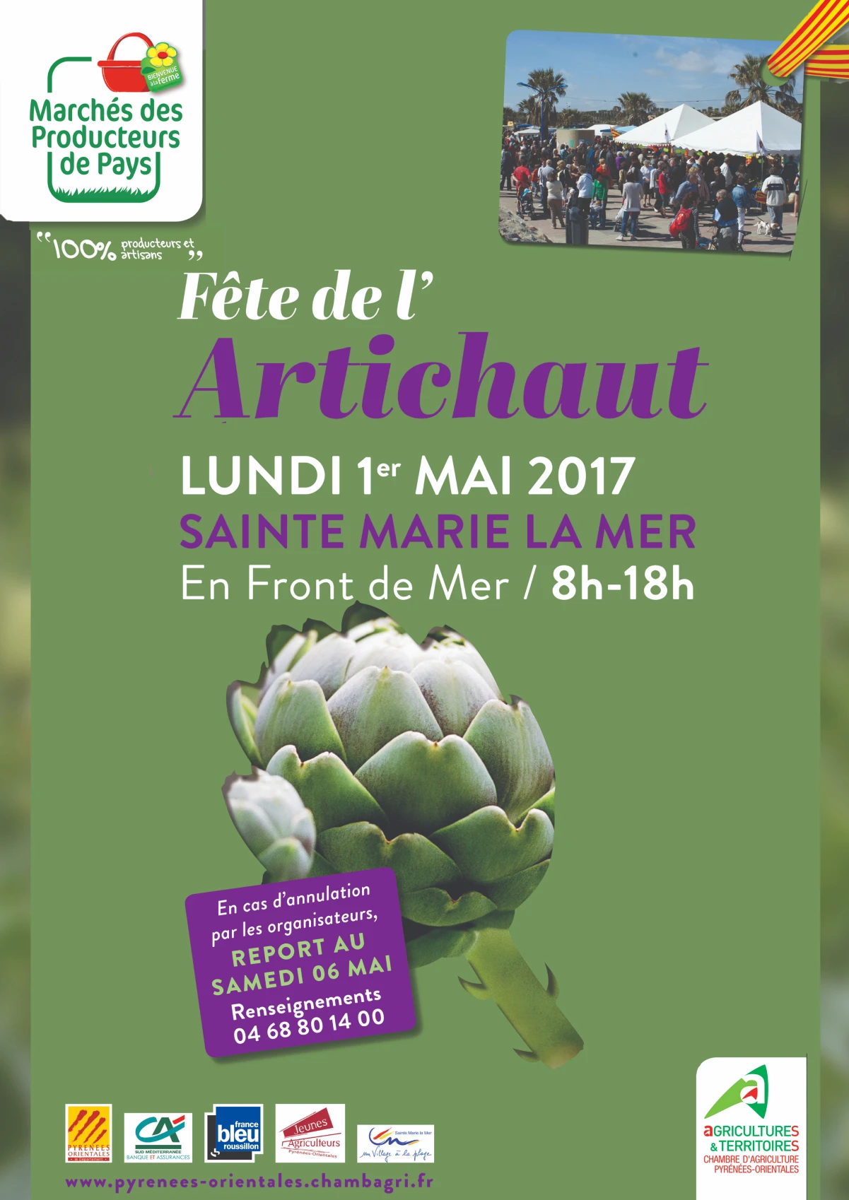 Visualisation pleine page du recto de l'affiche Fête de l'Artichaut avec date, lieu et logos des partenaires.
