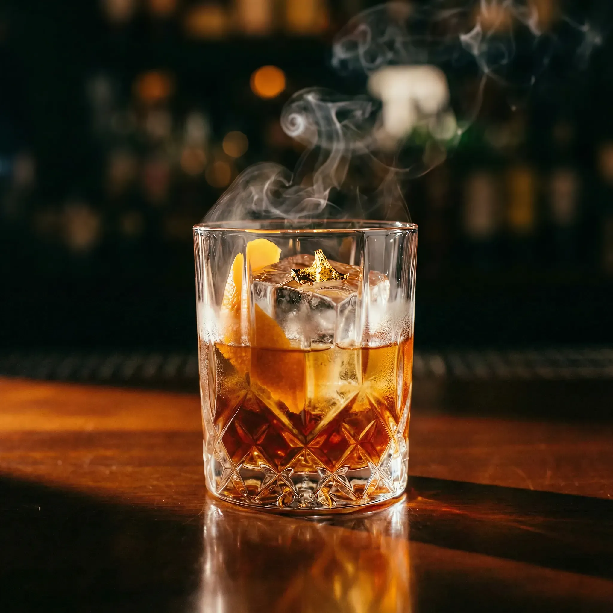 A cocktail glass filled with a dark amber drink, large ice cube, and orange garnish emits stylish smoke, set on a dimly lit bar, creating a warm, inviting atmosphere.