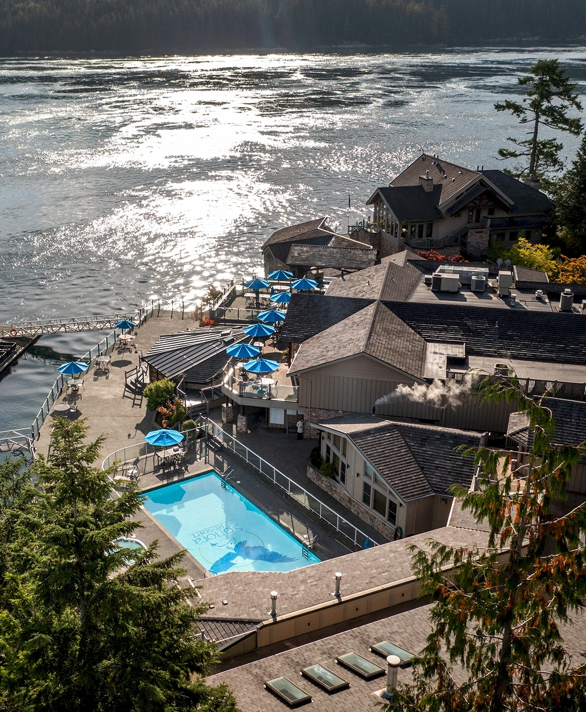 Luxuriöse Villa am Meer mit Infinity-Pool, Strohdach und tropischen Blumen, Urlaubsort, Ferienhaus.