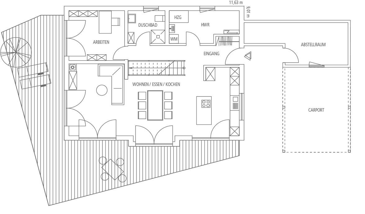 Grundriss eines Hauses mit Außenbereichen, Carport und Stellplatz, Innenbereichen wie Wohnen/Essen/Kochen und Arbeitszimmer.