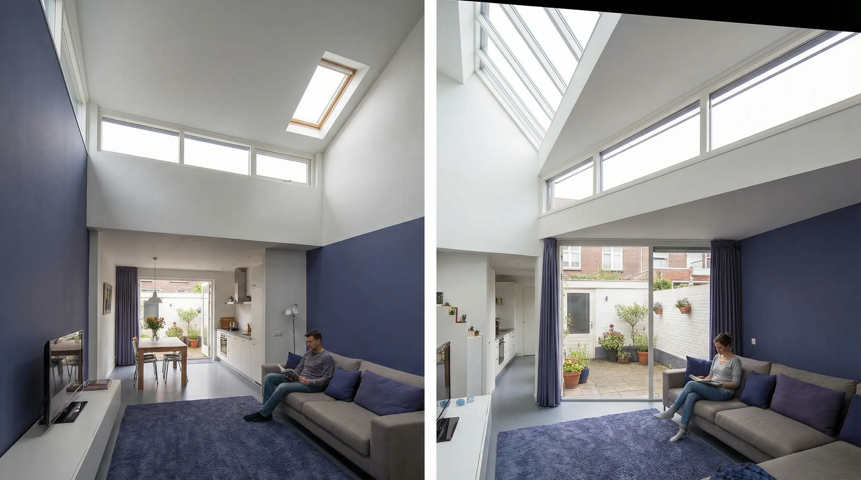 Een doorsnede van een smalle rijwoning die toont hoe daglicht via een lichtstraat en een dakraam tot diep in de leefruimte valt, met zichtlijnen naar een kleine patio en privacy door hoge ramen.