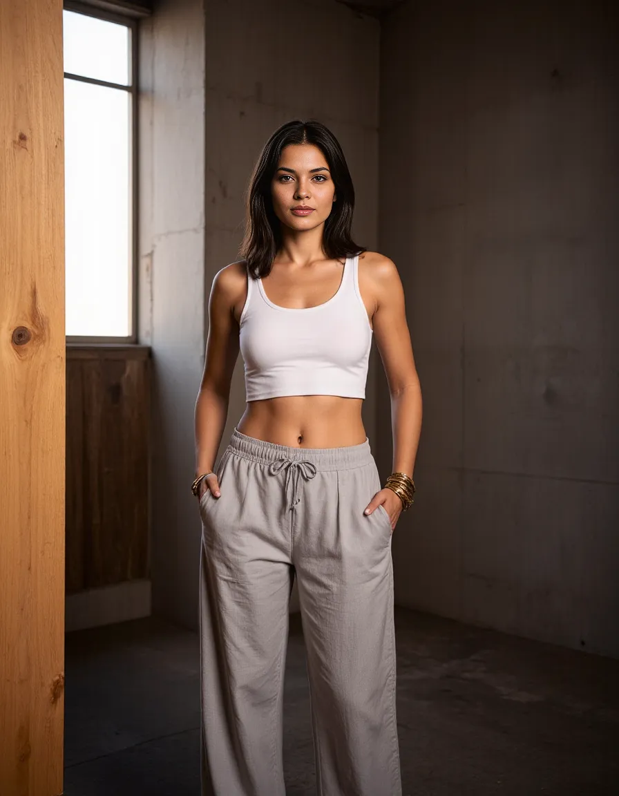 Minimalist athleisure outfit featuring white crop top and light gray loose pants in an industrial setting with natural lighting