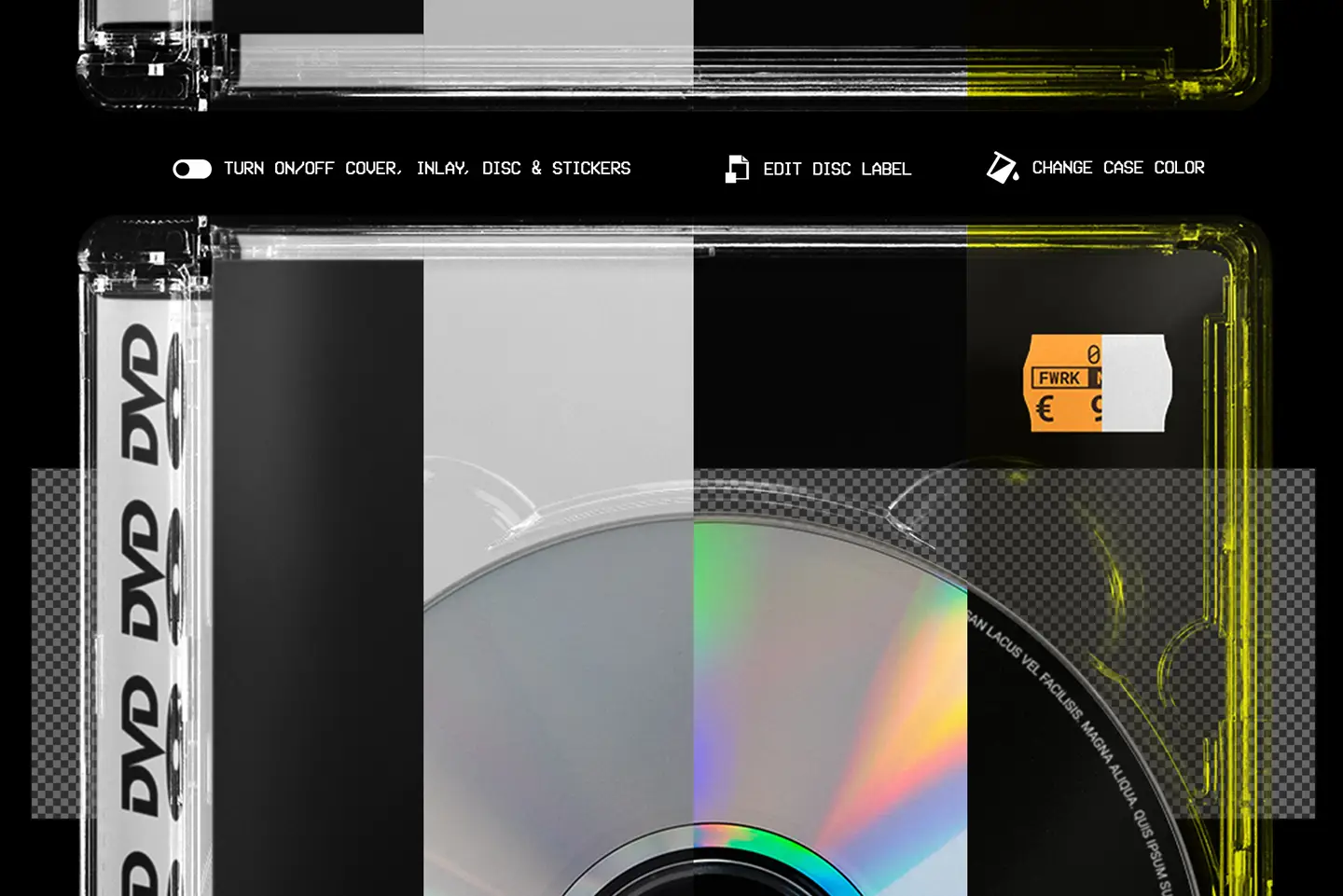 DVD jewel case mockup Photoshop layers interface showing editable smart object layout