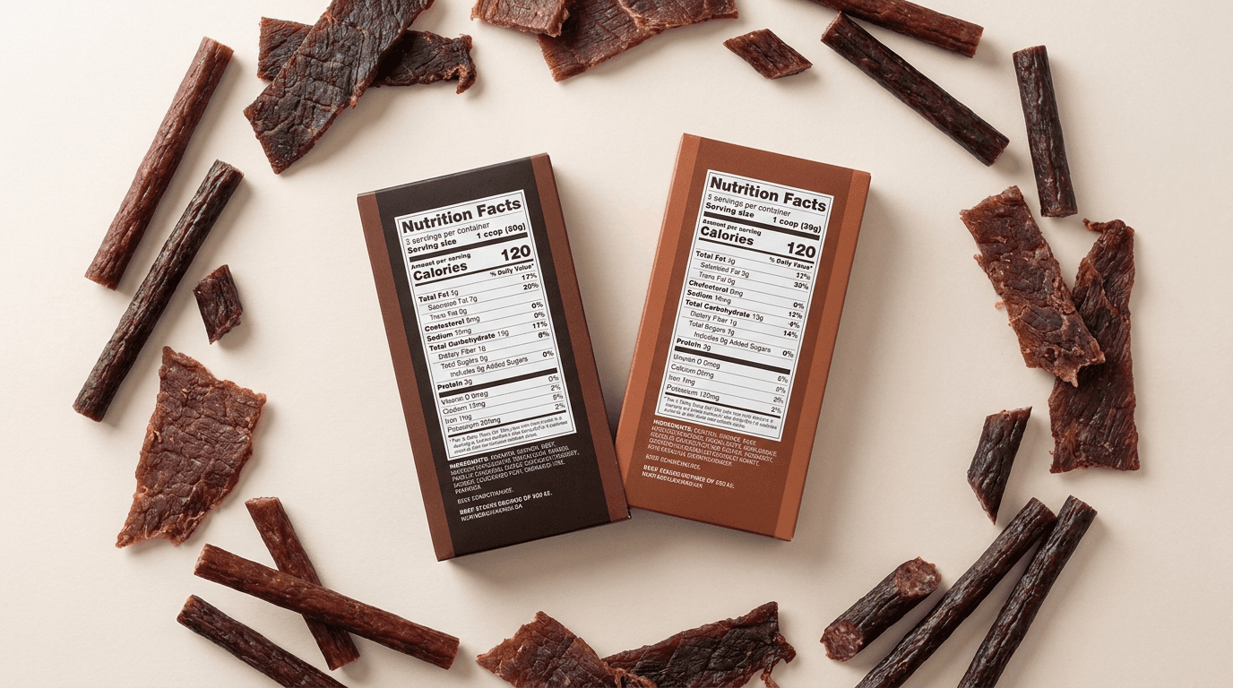Beef sticks and jerky beside nutrition labels for keto snack comparison