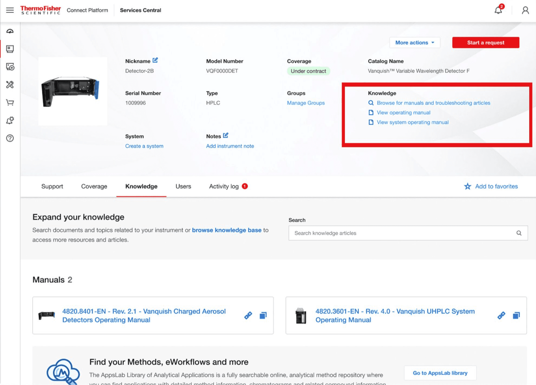 An instrument description page that has the 'Knowledge base' section highlighted.