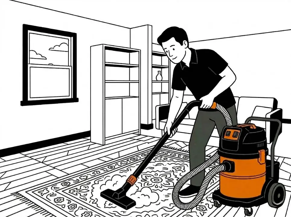 Illustration d'un agent Widy's nettoyant un tapis avec un aspirateur industriel orange dans un salon.