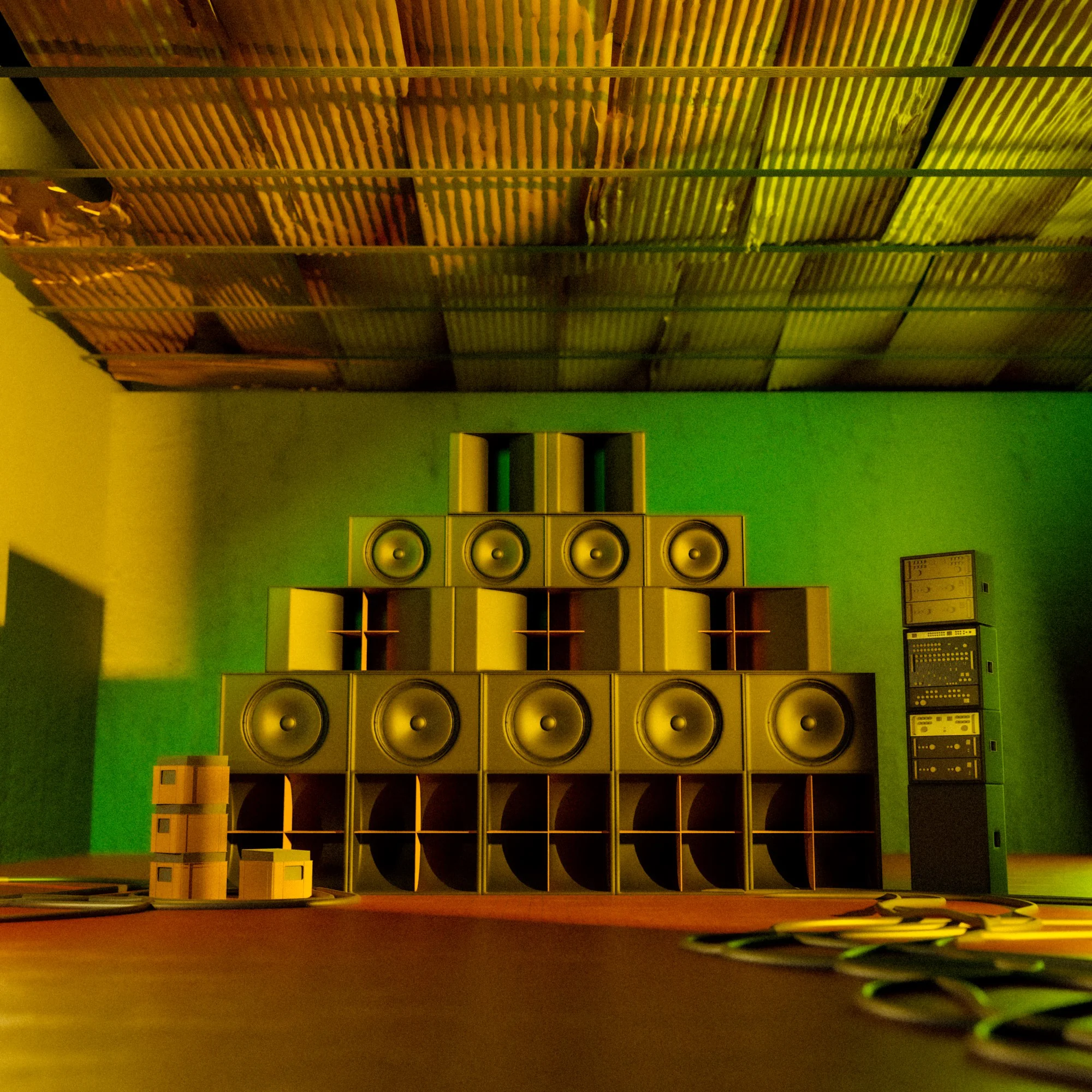 A vibrant 3D render of a Jamaican dancehall featuring sound systems and red, green, and gold accents, celebrating the cultural roots of reggae music.
