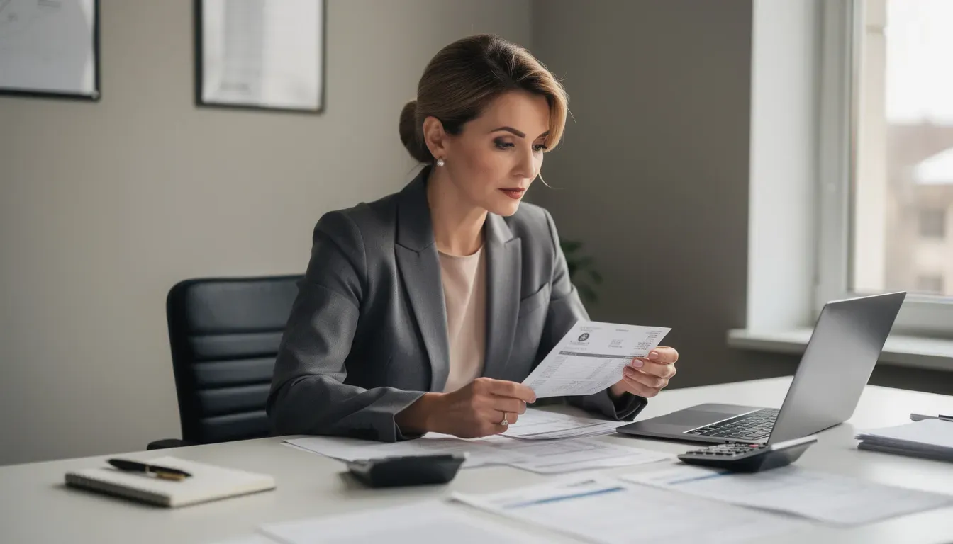 Księgowa analizująca dokumenty walutowe i wyciąg bankowy
