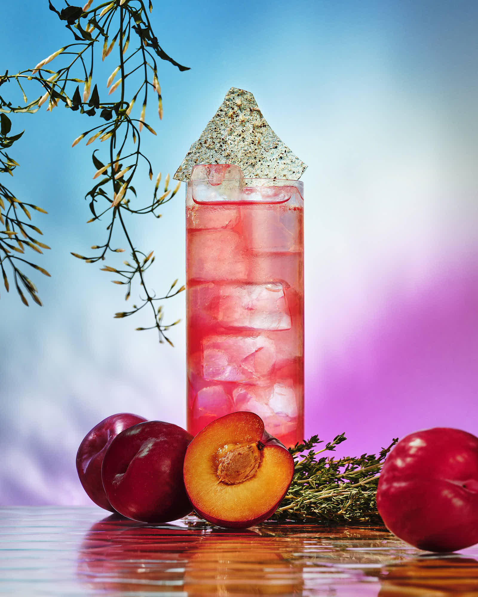 A colorful surrounded by vibrant fruits, set against a soft, gradient background.