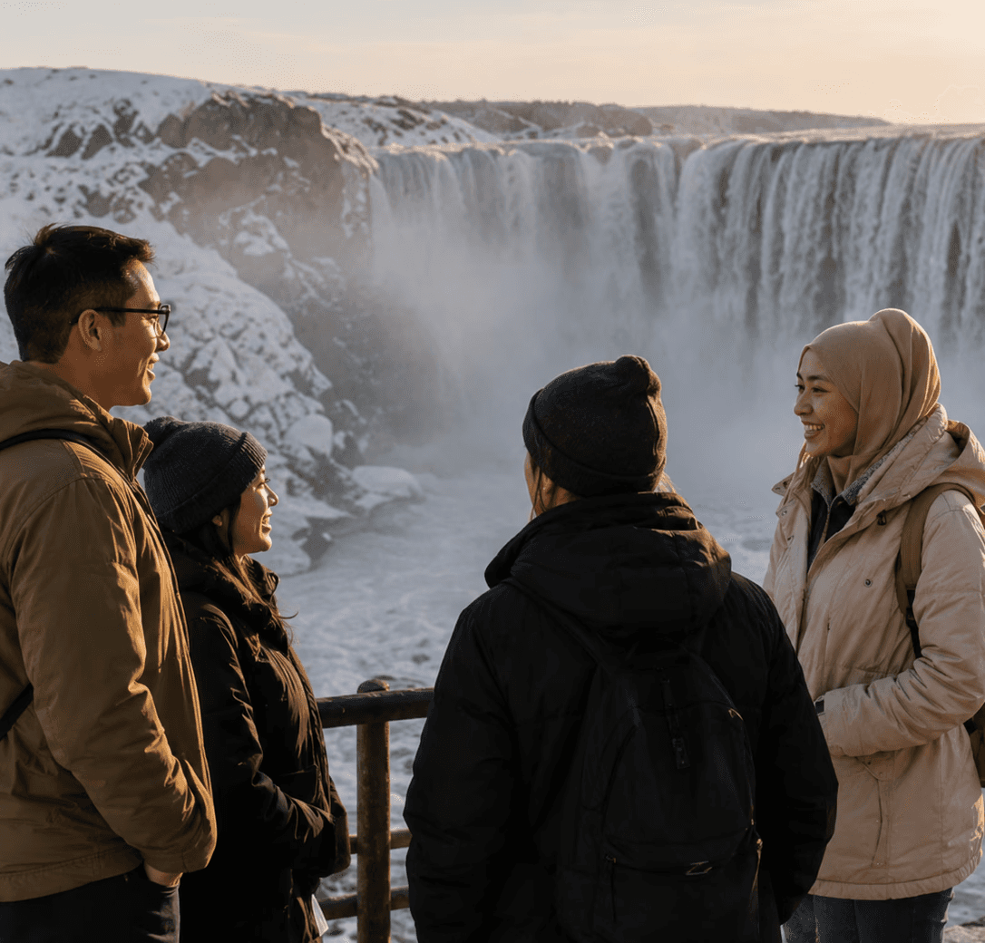 A traveller leading a group at a winter destination