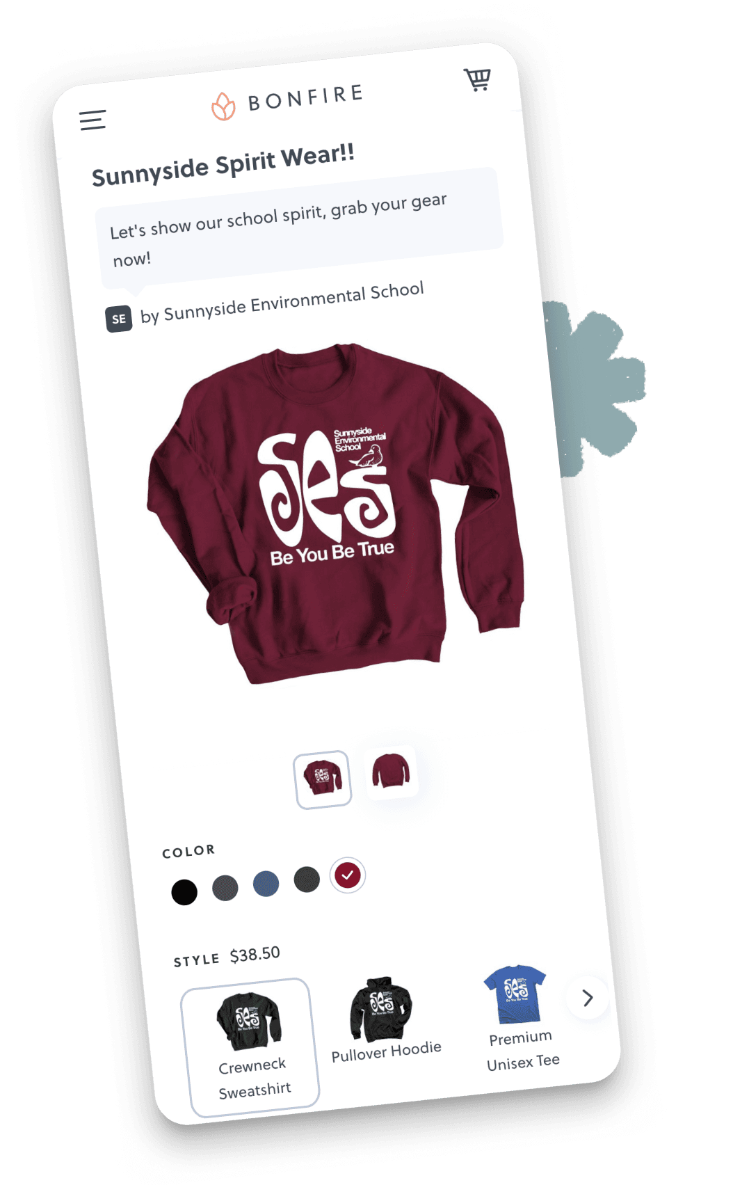 Bonfire website showing blue Dogwood Middle School shirt with wolf logo.