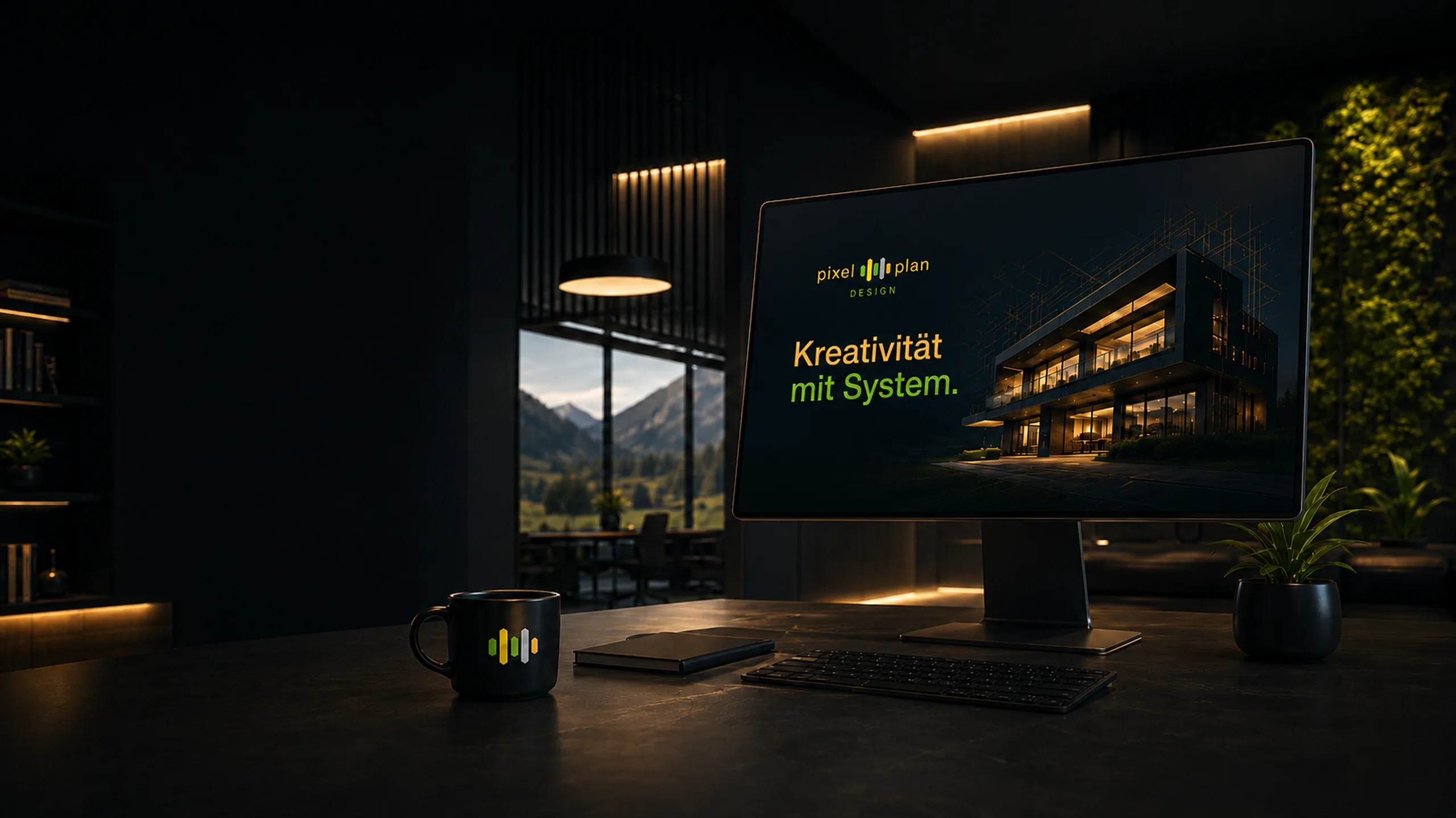 Sleek office with screen showing "Kreativität mit System" and scenic view.