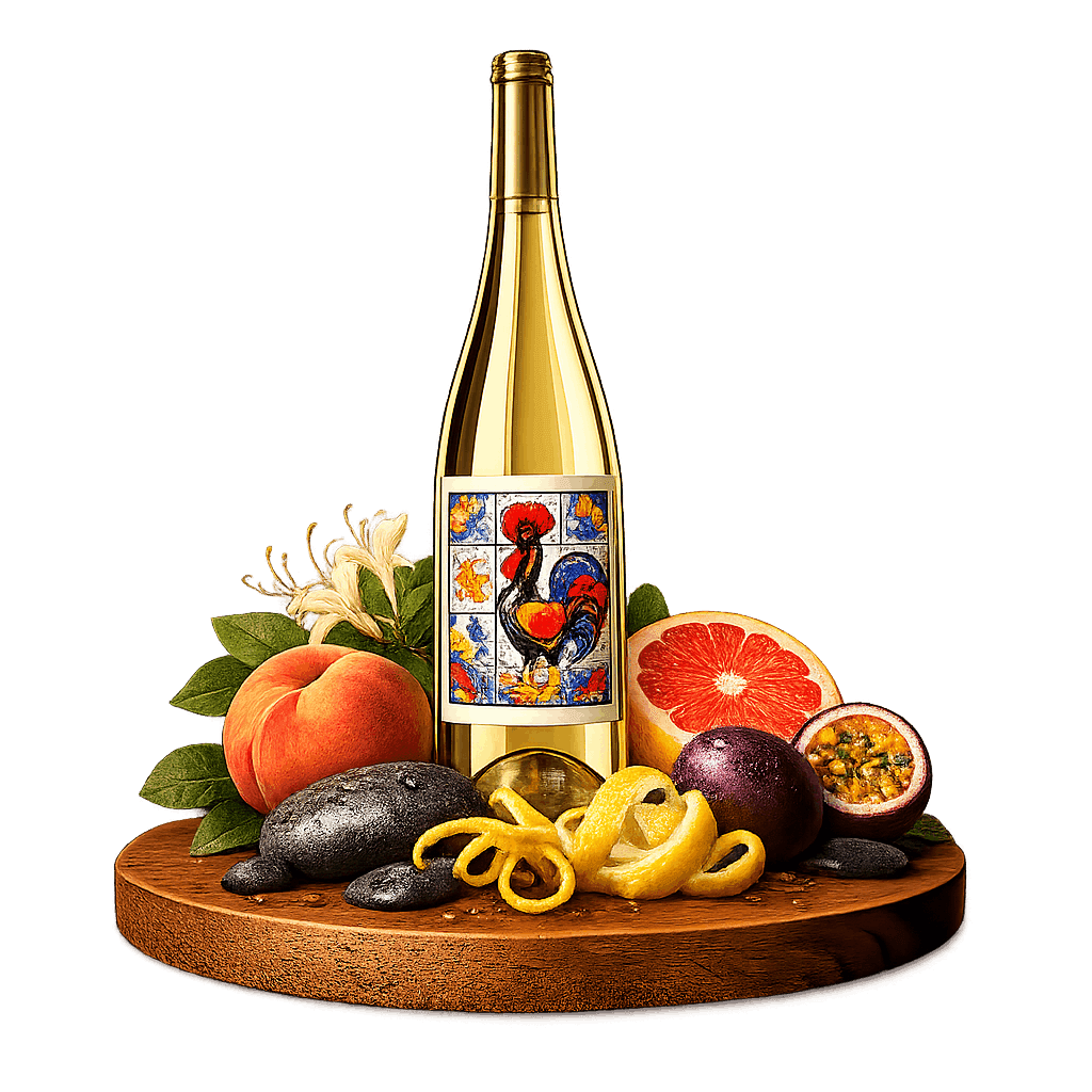 Artistic label and flavor profile for Portuguese Alvarinho on a rustic wooden table.