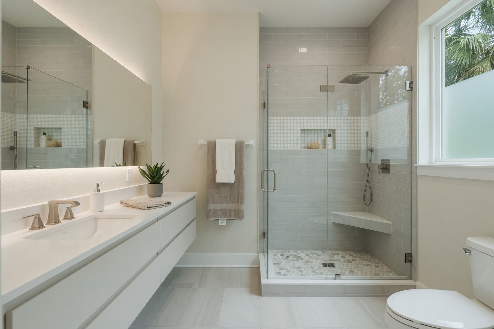 Marble bathroom with freestanding tub and glass shower