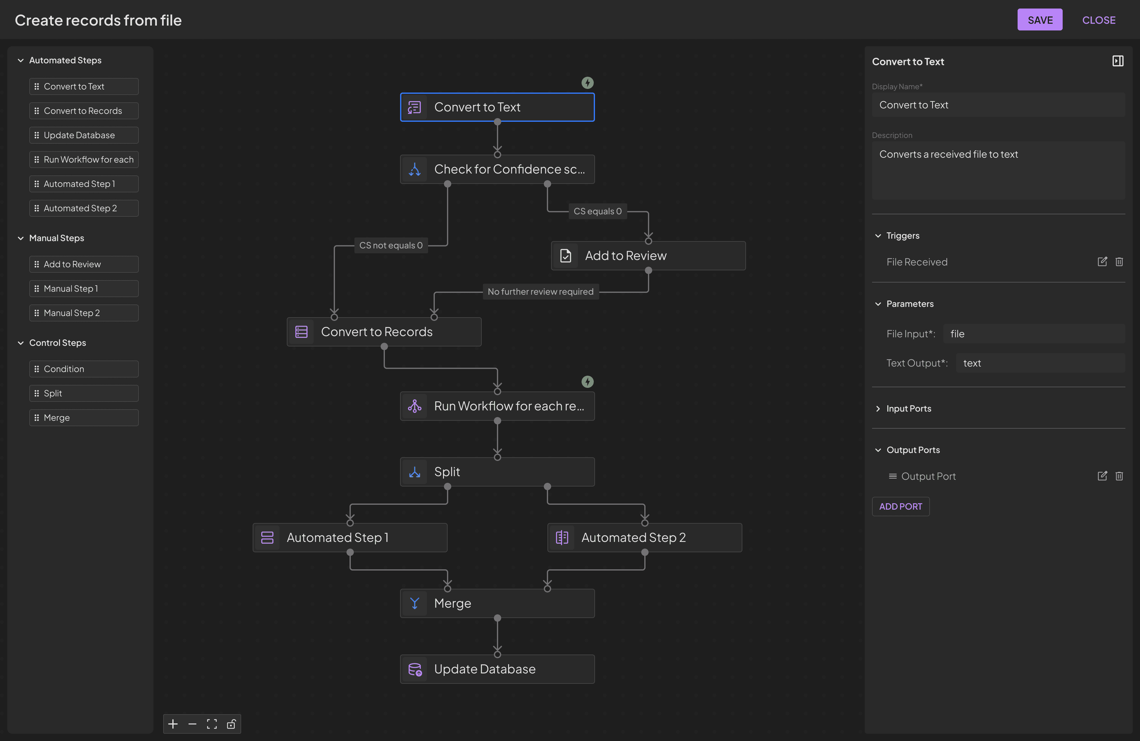 Workflow builder with ‘Convert to Text’ step selected and settings on right