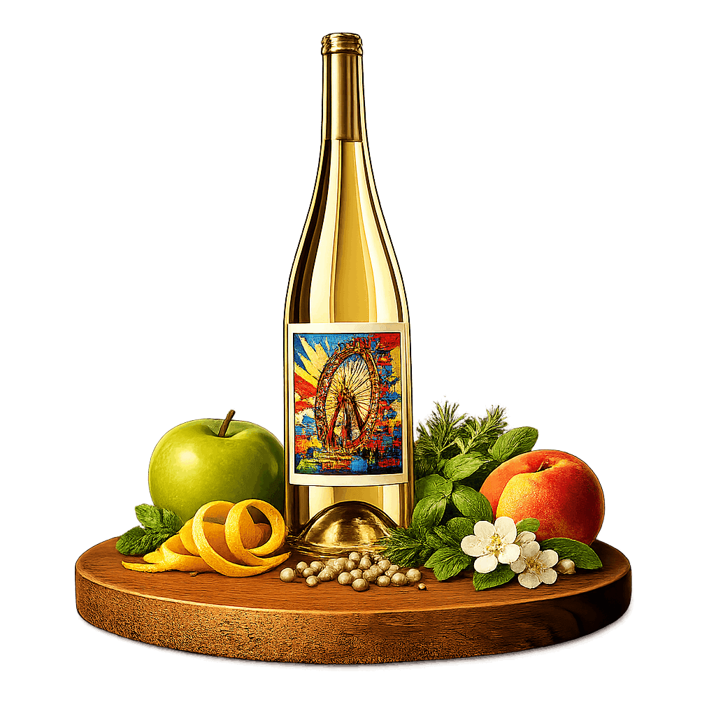 Artistic label and flavor profile for Austrian Gemischter Satz on a rustic wooden table.