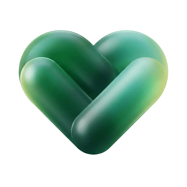3D green translucent heart icon made of pill shapes