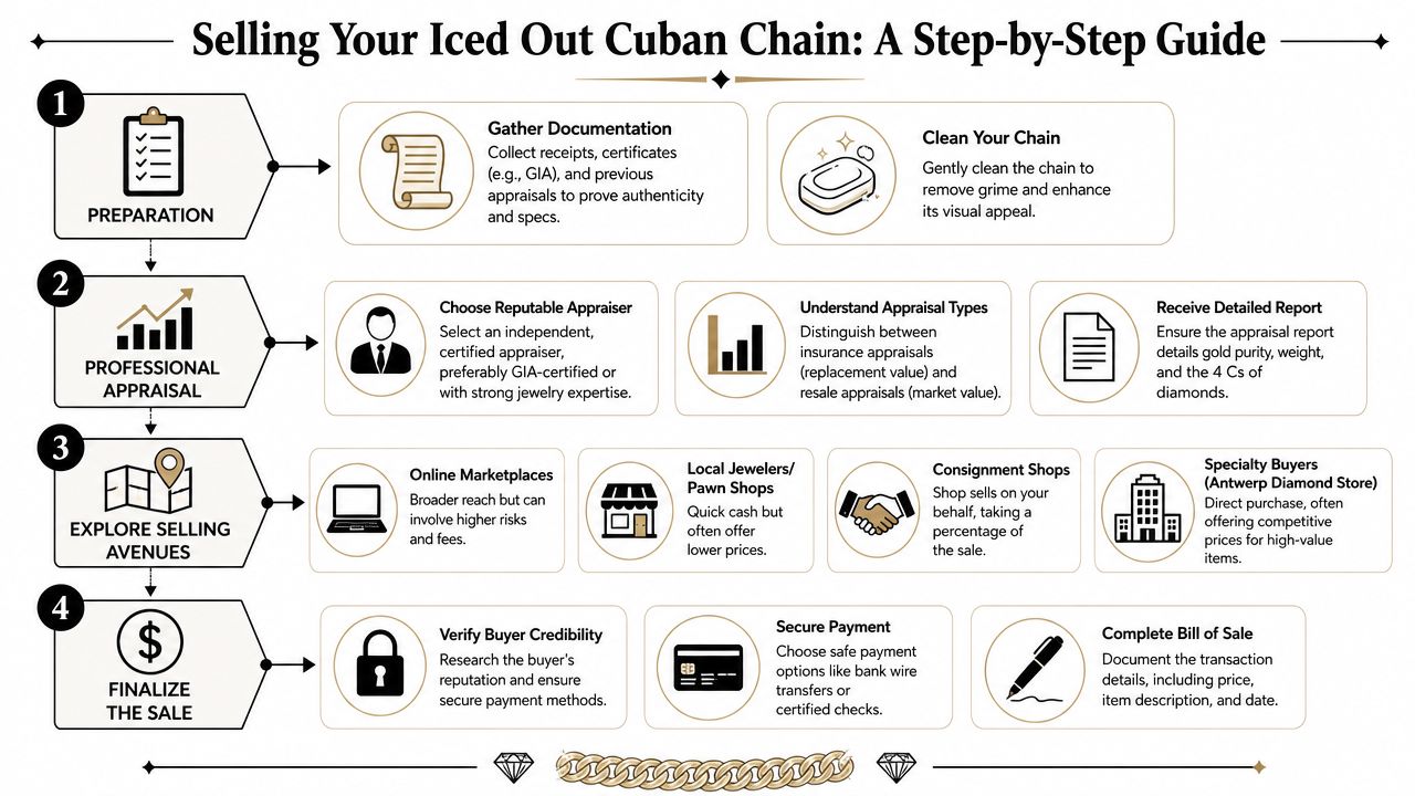 A four-step infographic guide detailing how to sell an iced out Cuban chain jewelry piece.