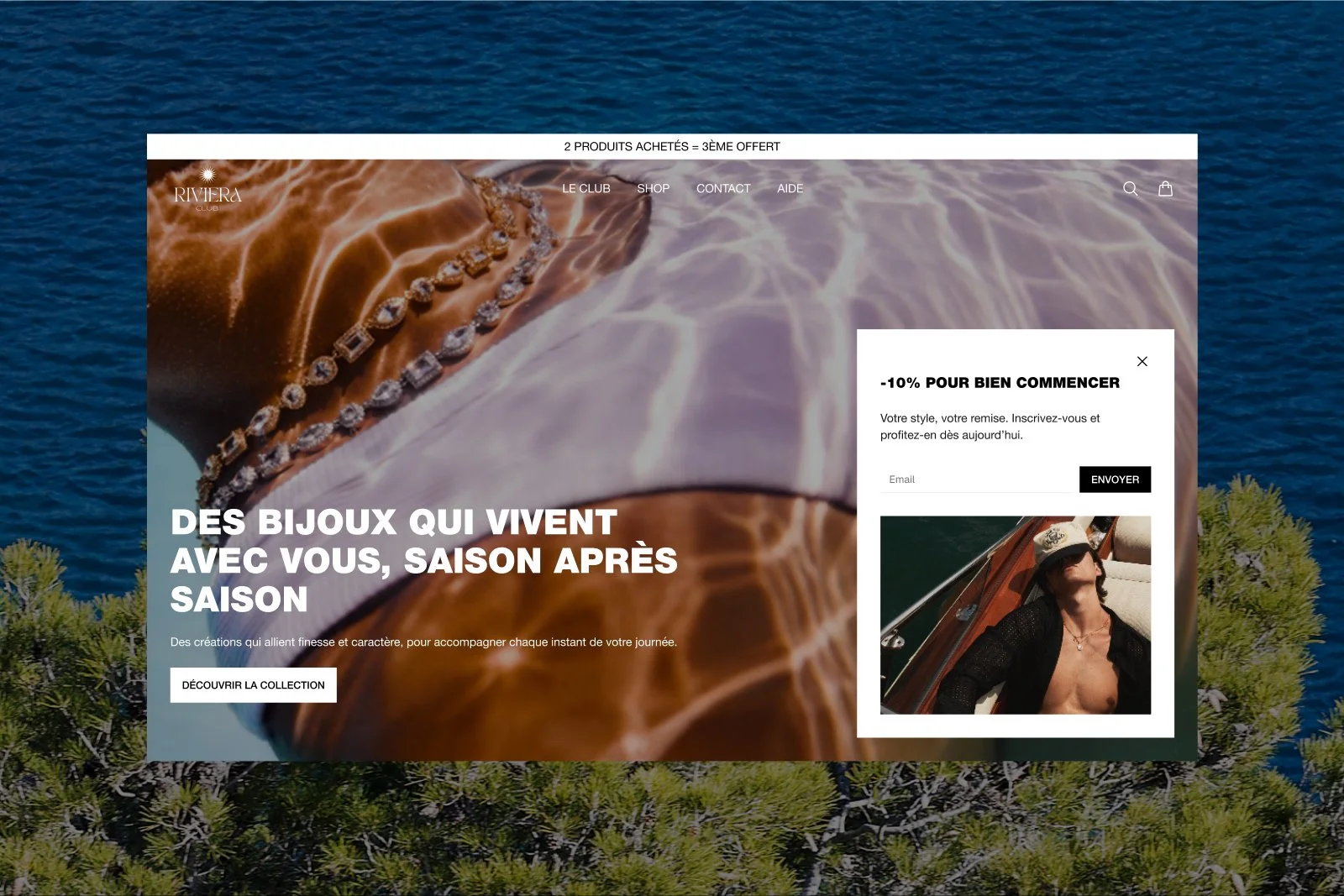 Refonte du hero homepage Riviera Club avec visuel immersif bijou waterproof et popup inscription newsletter