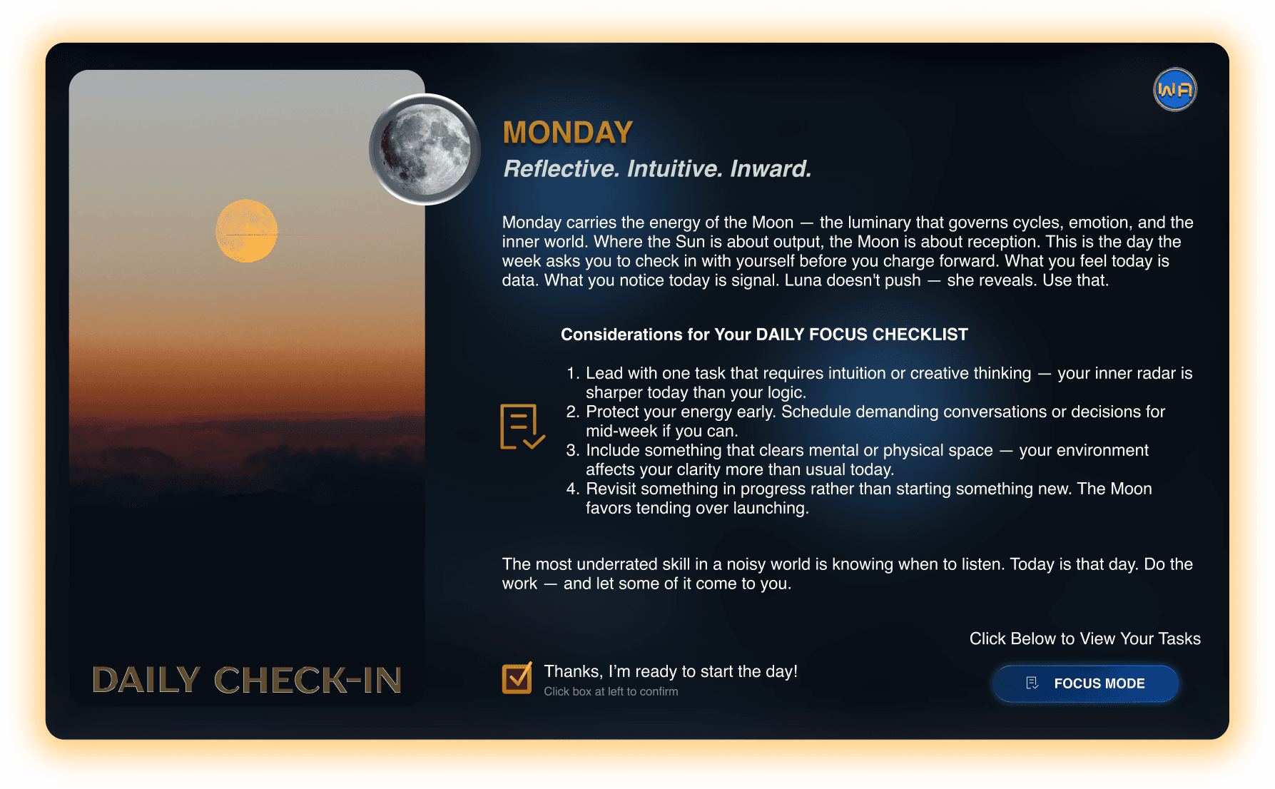 Monday Checkin with moon pictures and checklist