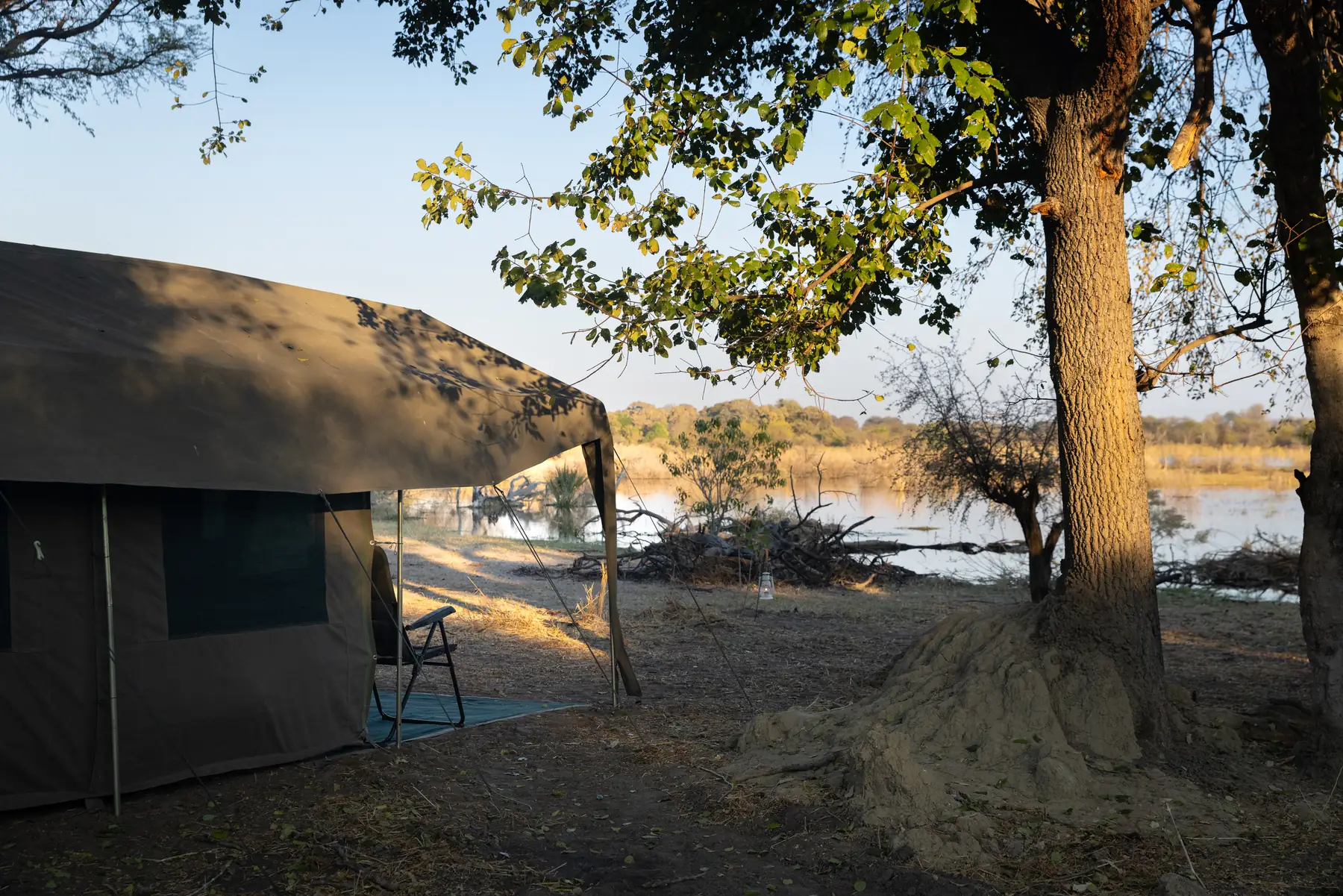 A safari tent under trees beside a floodplain in the Okavango Delta.